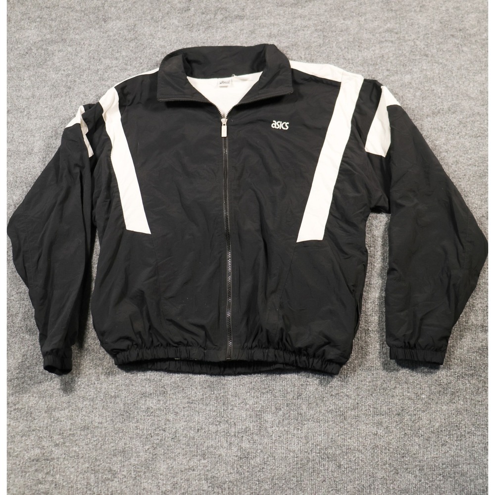 Asics Vintage Windbreaker Jacket Mens Medium Black Full Zip Colorblock Track